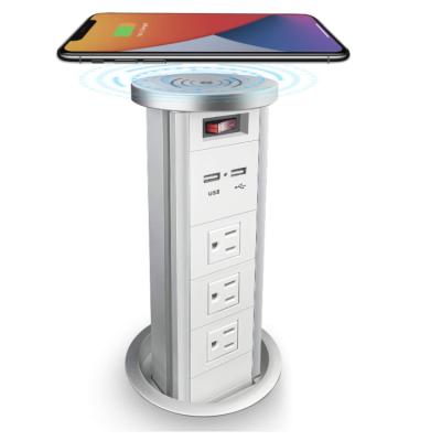 China Residential 3AC/Multi-Purpose Auto Hydraulic Outlets Pullout and 2 USB Ports Pop Up Power Outlet with Wireless Charger LED Light for sale