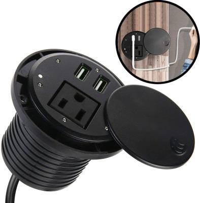 China Residential / Multi-Purpose Office Furniture Power Grommet Socket Mini Round Office Desk Recessed Power Outlet with 1AC USB Ports and 2 Outlet Top Cover for sale