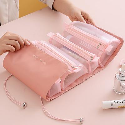 China Durable RTS 4 Pcs 1 Detachable Nylon Cosmetic Storage Organizer Skin Care Beauty Box Makeup Set Mesh Bags Roll Up Travel Toiletry Bag for sale