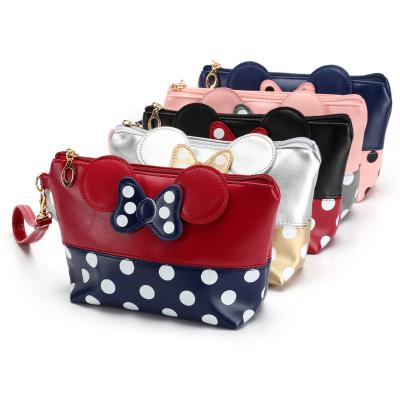 China Wholesale Polka Dot Cosmetic Bags High Quality PU Women Wrist Bag Lipstick Cell Phone Storage Purse Bowknot Travel Clutch With Handle for sale