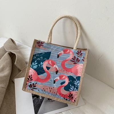 China Wholesale High Quality In RTS Running Ladies Travel Handbag Flamingo Print Tote Jute Shopping Women's Canvas Handbags For Women for sale