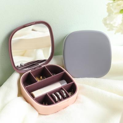 China Portable Eco-Friendly Travel Necklace Earrings Ring Lipstick Jewelry Storage Organizer Box Small Mirror Jewelry Box With Mirror for sale