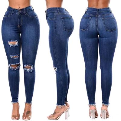 China Haisen Factory Wholesale Custom Designer Blue Ripped Jeans Ladies Logo Printed Jeans Mujer Fashion Breathable Distressed Women Denim Pants for sale