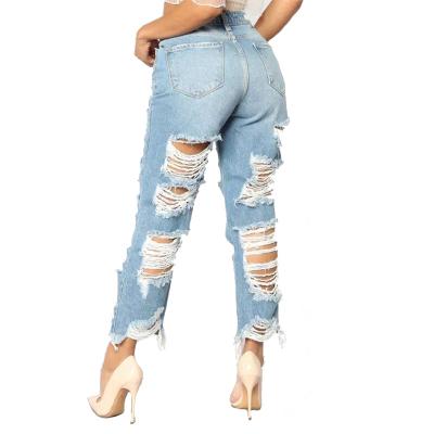 China Haisen Breathable High Quality Casual Women Basics Drawstring Elastic Waist Destroyed Boyfriend Ripped Jeans for sale