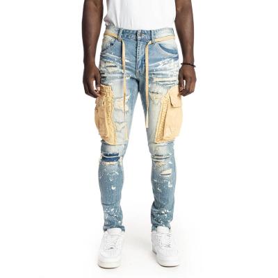 China Hot Sale Men's Streetstyle Breathable Plaid Frayed Printed Jeans Stretch Damaged Fashion Ripped Jeans Patch Skinny Men's Jean for sale