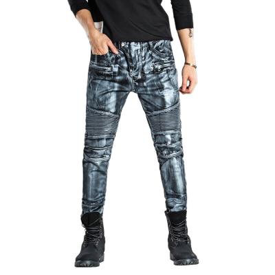 China Hot Sale Men's Streetstyle Breathable Plaid Frayed Printed Jeans Stretch Damaged Fashion Ripped Jeans Patch Skinny Men's Jean for sale