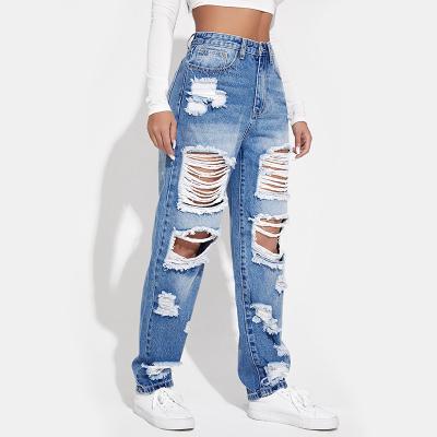 China Haisen Waterproof High End Womens Jeans Factory Wholesale Custom Casual Wide Leg Mid Waist Ripped Jeans Ripped Boyfriend Baggy Jeans For Women for sale