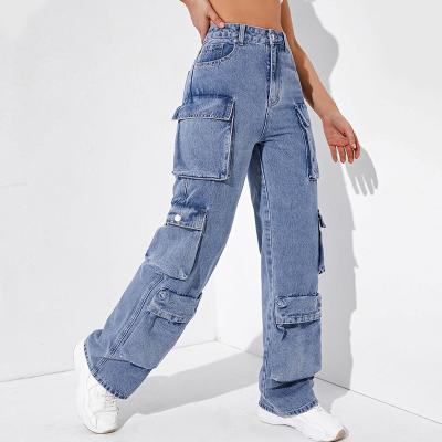 China Haisen Hip Hop Women Wide Leg Pants Waterproof Multi Pockets Fade Washed Denim Friend Style Wide Leg Cargo Jeans for sale