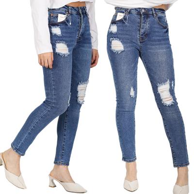 China Wholesale Custom Women Elastic Stretch Breathable Ripped Jeans High Waist Solid Color Pants Women Pencil Pants Skinny Denim Pants for sale