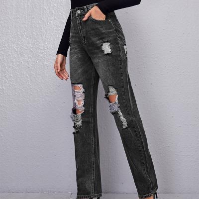 China Waterproof jeans wholesale casual high waist classic pants wide leg loose ripped culotte denim women jeans knee to rip friend baggy jeans for sale