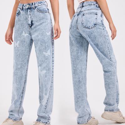 China Waterproof 2023 High Quality Women Custom Wash Distressing Fly High Wide Leg Zipper Waist Light Blue Straight Jeans for sale