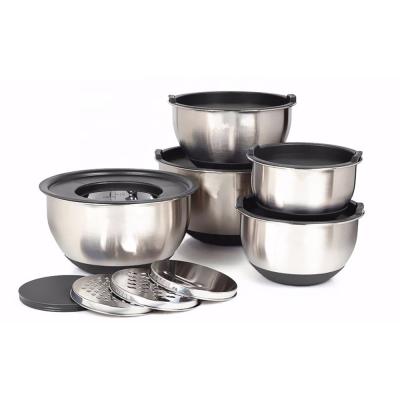 China Custom Metal Cookware Non Slip Sustainable Eco Friendly Stainless Steel Mixing Salad Bowl Set With Silicone Lid for sale