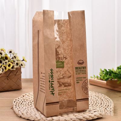 China Recyclable LOGO Coated Customized Oilproof Bread Bag With OPP Window Classic Kraft Paper Bag Bread Packing Takeout Bag for sale