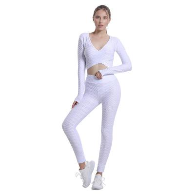 China Set 2021 Common Wear Jacquard Women Gray Workout Clothes Seamless Leggings Long Sleeve Shirt QUICK DRY Yoga Equipment for sale