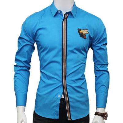 China 100% Camisas Men's Long Sleeve Anti-pilling Blue Cotton Custom Embroidery Bee Long Sleeve Dress Shirts for sale