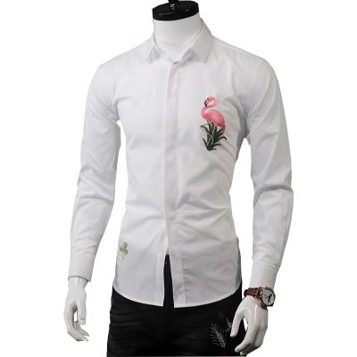 China Custom High Quality Embroidered Swan Anti-pilling Mens Long Sleeve Smart Dress Shirt for sale