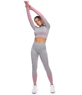 China Breathable 3 Pcs Gradient Color Fitness Long Sleeve Crop Tops Bras Leggings Leggings Yoga Running Suit Quick Dry Seamless Training Sportswear for sale