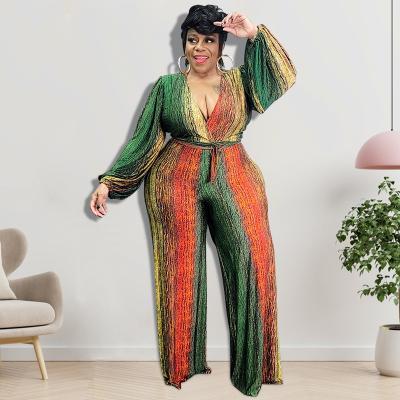 China Anti-pilling NS032 Printed Plus Size Rompers Womens One Piece Overalls Long Sleeve V Neck Women Overalls for sale