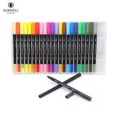 China Bright Colors Hot Selling 24 Dual Colors Low MOQ Fineliner Tip Brush Pens Drawing Painting Watercolor Customized Highlighter Pens for sale