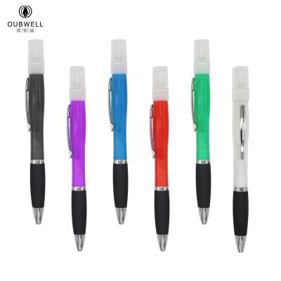 China Innovative 2 in 1 Sanitizer Spray Pen Alcohol 2ml Bottle Press Custom Logo Plastic Ball Pen With Rubber Coated for sale