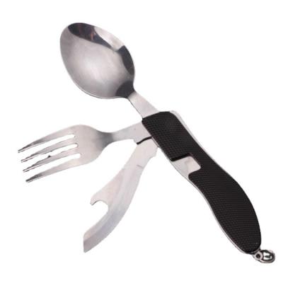 China Stainless Steel Outdoor Portable Detachable 4 in 1 Stainless Steel Travel Utensil Knife Fork Spoon Foldable Bottle Opener for sale