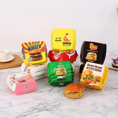 China Size OEM LOGO Fast Food Lunch Boxes Paper Hamburger Containers Recyclable Custom Hamburger Box Takeout Packaging for sale