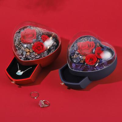 China Recyclable Wholesale Heart Shape Valentine Preserved Flower Boxes Jewelry Gift Packaging Box With Drawer for sale