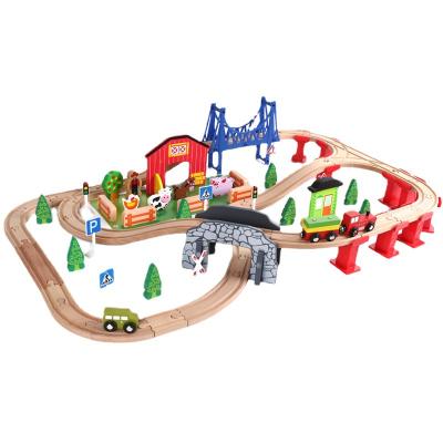 China Wooden Slot Toy 82pcs Farm Train Set Train Track Set Railway Game Set Kids For Children for sale