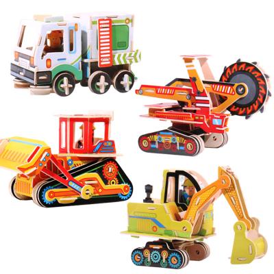 China Cartoon Toy Wholesale DIY Laser Car Assembly 3D Puzzle Educational Wooden Carton Toy Vehicle For Kids for sale