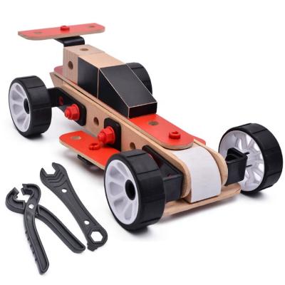 China DIY High Quality Assembly Wooden Educational Racing Car With PP Wheels Racing Car Toy FIQCL1002 for sale