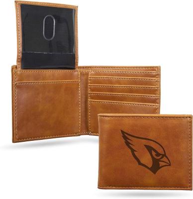 China Premium RFID Laser Engraved Leather Vegan Brown Front Pocket Wallet - compact and slim yet sturdy - perfect for showing off your team for sale