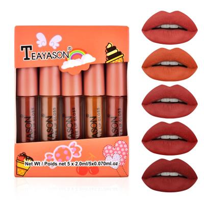 China Waterproof 4 Styles 5pcs/set Lip Gloss Cup Waterproof Lipstick Matte Lip Glaze Mini Boxes Pumpkin Non-Stick Nude Color for sale