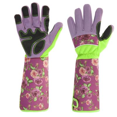 China Wear Resistance Purple Printed Extended Sleeve Wrist Anti Thorn Anti Slip Gardening Gloves Flower Pruning Protection Garden Gloves for sale