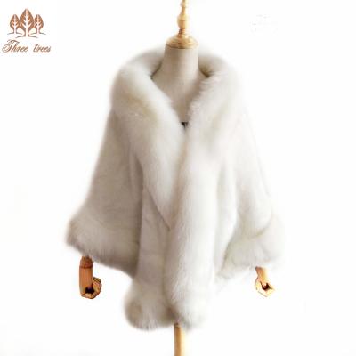 China Luxury Fashion.Elegant Women Party Poncho Faux Fur Trim With Cashmere Fur Cap Wedding Women Fur Shawl Style for sale