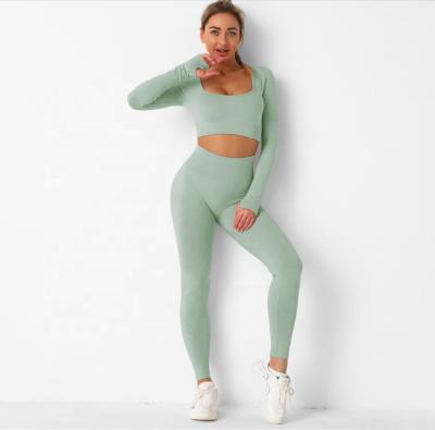 China Breathable 3 Piece Yoga Set Women Yoga Set Seamless Workout Sportswear Long Sleeve Crop Top Women Sport Gym Yoga Sets for sale