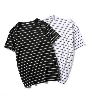 China Anti-wrinkle cotton couples stripe men's round neck short sleeve t-shirt boys and girls class clothes teenagers men's fashionable stripe t-shirt for sale