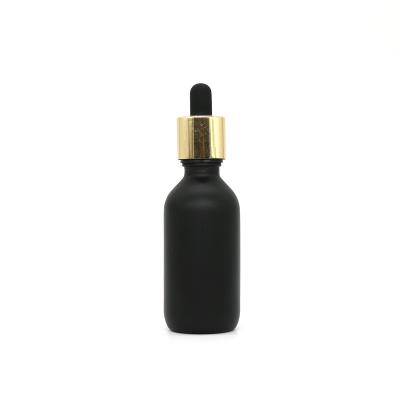 China Personal Care 30ml Matte Frosted Black Glass Bottle With Gold Dropper Cap For Beard Oil for sale