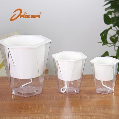 China 2018 new free sample cheap biodegradable diamond self watering transparent plastic flower pots for sale