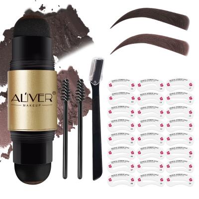 China ALIVER Double Eyebrow Powder Stamp Waterproof Kit Eyebrow Stamp With 24 Reusable Eyebrow Stencil 2 Brushes And 1 Trimmer For Women Makeup for sale