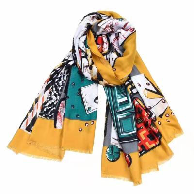 China Autumn/winter European American ladies print shawl fashionable supple soft geometry tassel cotton squishy scarf for sale