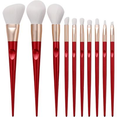 China Angular Blush Long Handle Red Makeup Brush Set Luxury Bling Luminous Red Makeup Brushes Facial Tools Cosmetic Brushes 10pcs for sale