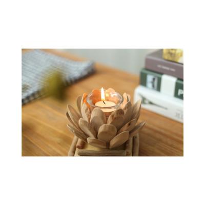 China Hand Nailed Lotus Flower Candle Holder Creative Retro High Quality Handmade Wooden Glass Candlestick Home Decoration for sale