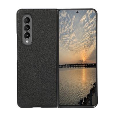 China Popular Luxury Genuine Leather Shockproof Hard Shock Proof Lychee Pattern PC Mobile Phone Back Cover Case For Samsung Galaxy Z Fold3 5G for sale