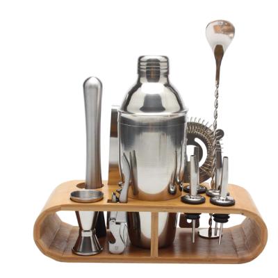 China 750ml / 600ml Bar Sustainable Stainless Cocktail Shaker Set Barware Set Shaker Set With Wooden Stand H866 for sale