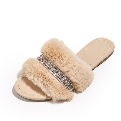 China 2021 New Fashion Lightweight Faux Stone Outdoor Microfiber Slides Ladies Braid Flat Women's Soft Fur Slippers for sale