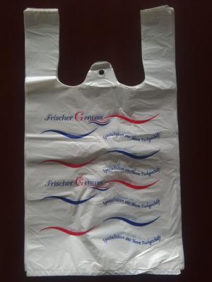 China Bolsos de compras plásticos respetuosos del medio ambiente de la camiseta, color blanco con la impresión, material del HDPE en venta