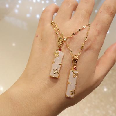 China Real Vintage Gold Plated Pink Natural Jade Girls Pendant Necklace For Women Long Stainless Steel Necklace Jewelry Bamboo Shape for sale