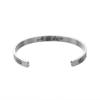 China Stainless Steel Inspirational Letter Arrow Cuff Bangle 6mm Wide Engraved Bracelets FASHIONABLE For Women Girls for sale