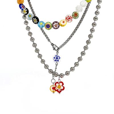 China New Trendy Trendy Multi Color Stainless Steel Daisies Seed Pearl Flowers Beaded Necklace Multi Layer Chain Boho Style Jewelry For Girl for sale