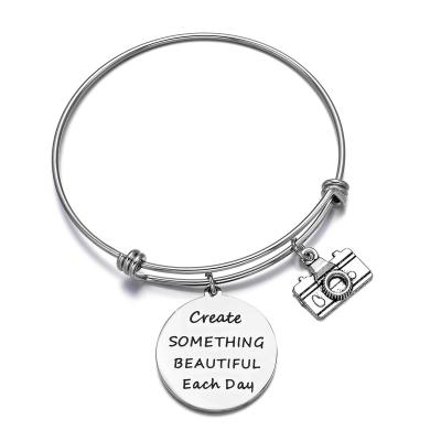 China TRENDY Photographer Gift Wire Bangle Camera Charm Bracelet Create Something Beautiful Every Day Inspirational Jewelry For Women for sale